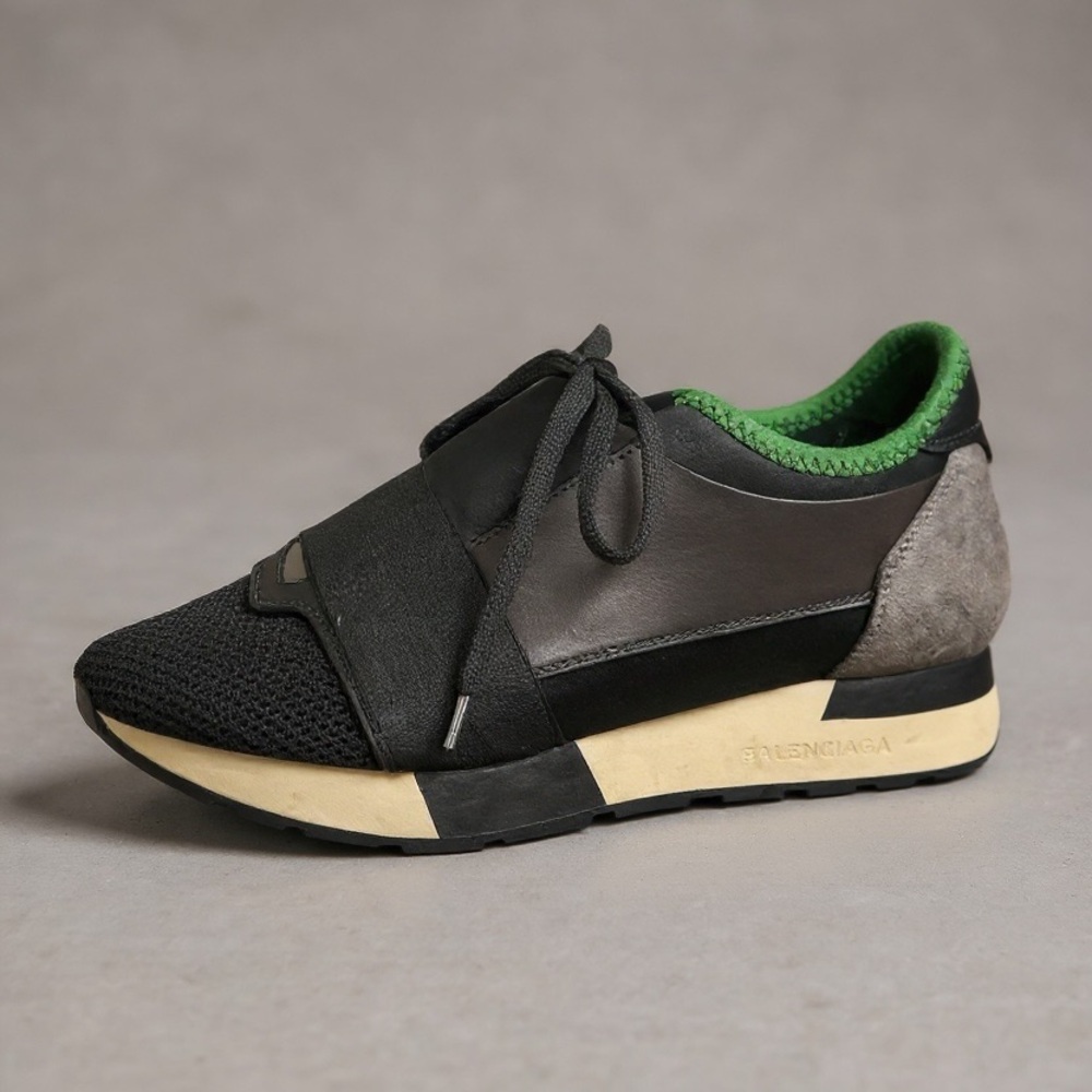 Balenciaga Race Runner Sneakers Black and Gray Sneakers with Green Accent